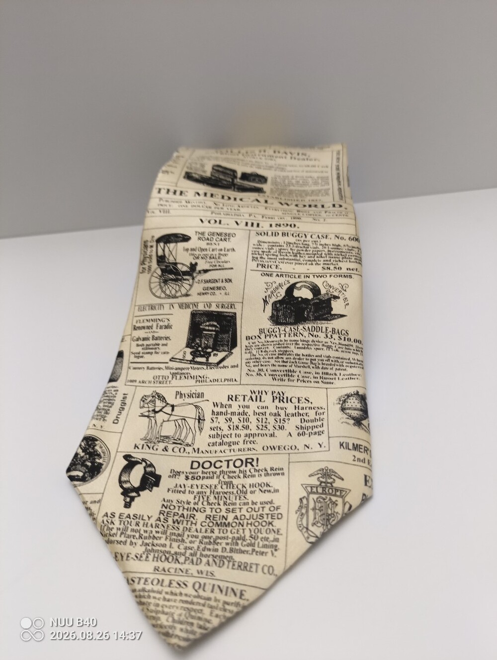 Vintage Newspaper Print Silk Tie in Cream and Black -